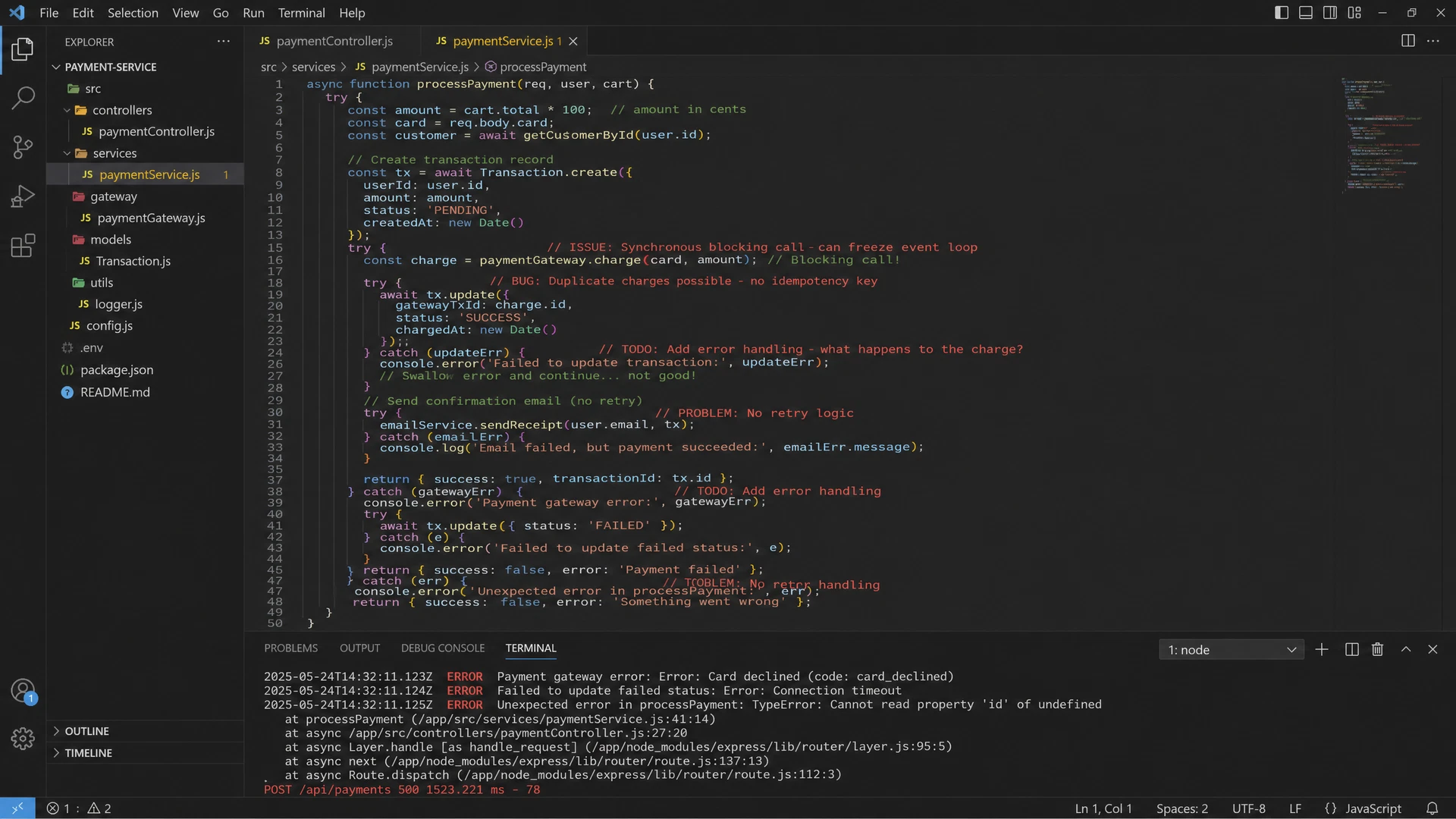 Fragile payment service code with errors and failed payment logs before stabilization